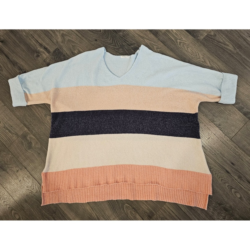 Women's 1XL Striped V Neck Sweater Light Blue Pink Navy Cream Cozy Knit Fall